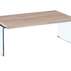 Mesa OSIRIS, baja, madera, cristal curvado, 110x55 cms