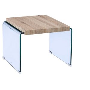 Mesa OSIRIS, baja, madera, cristal curvado, 55x55 cms