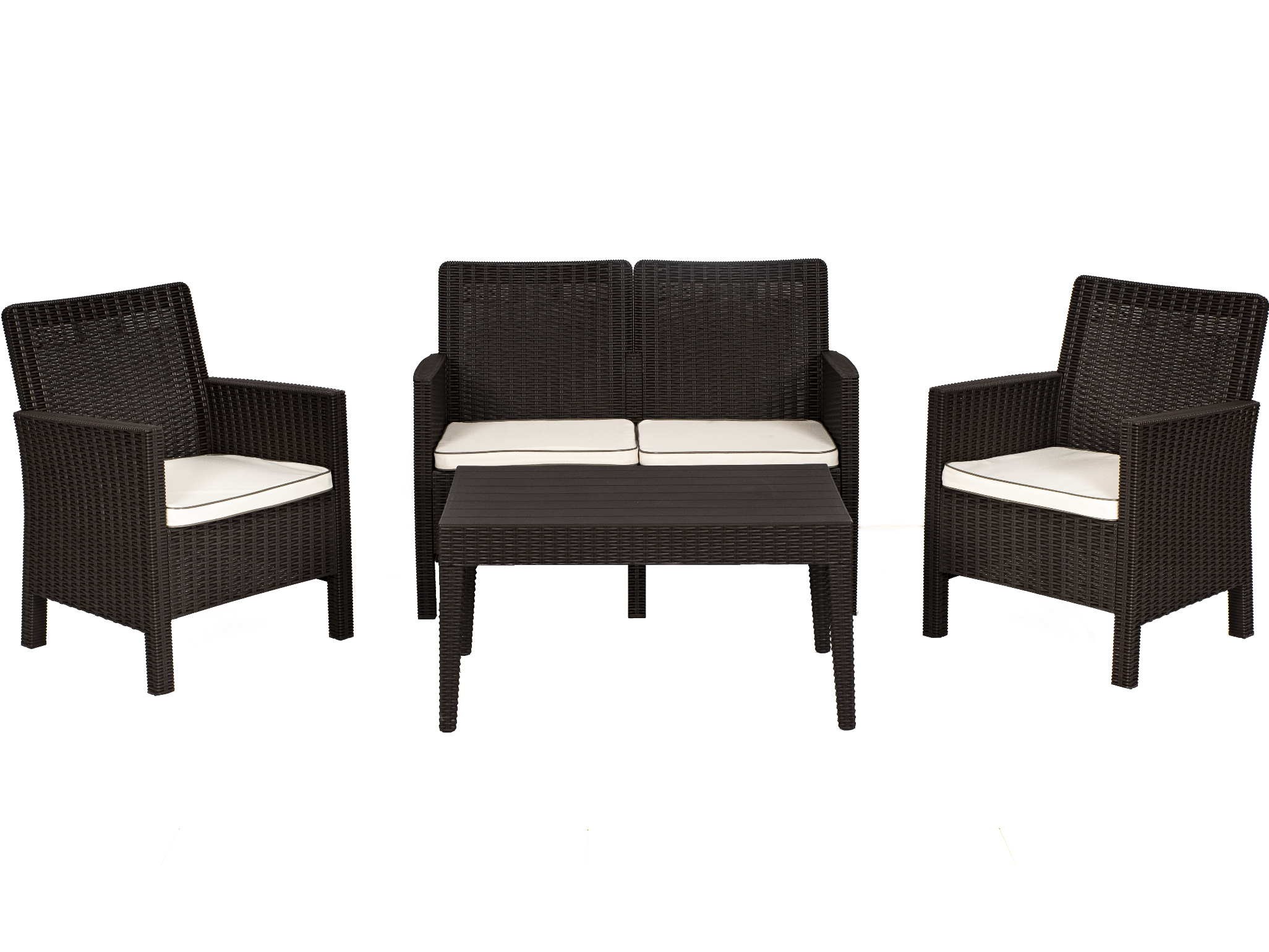 Set ADRIÁTICO, 2 Sillones + Sofá 2 plazas + mesa, polipropileno chocolate, cojines incluidos