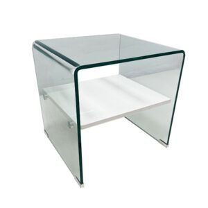 Mesa CORIN, cristal curvado, estante blanco 50x45 cms