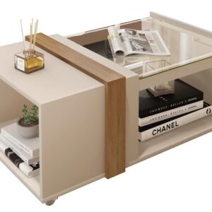 Mesa FRANCIA, baja, cristal, MDP blanco roto y miel, 90,5 x 54 cms