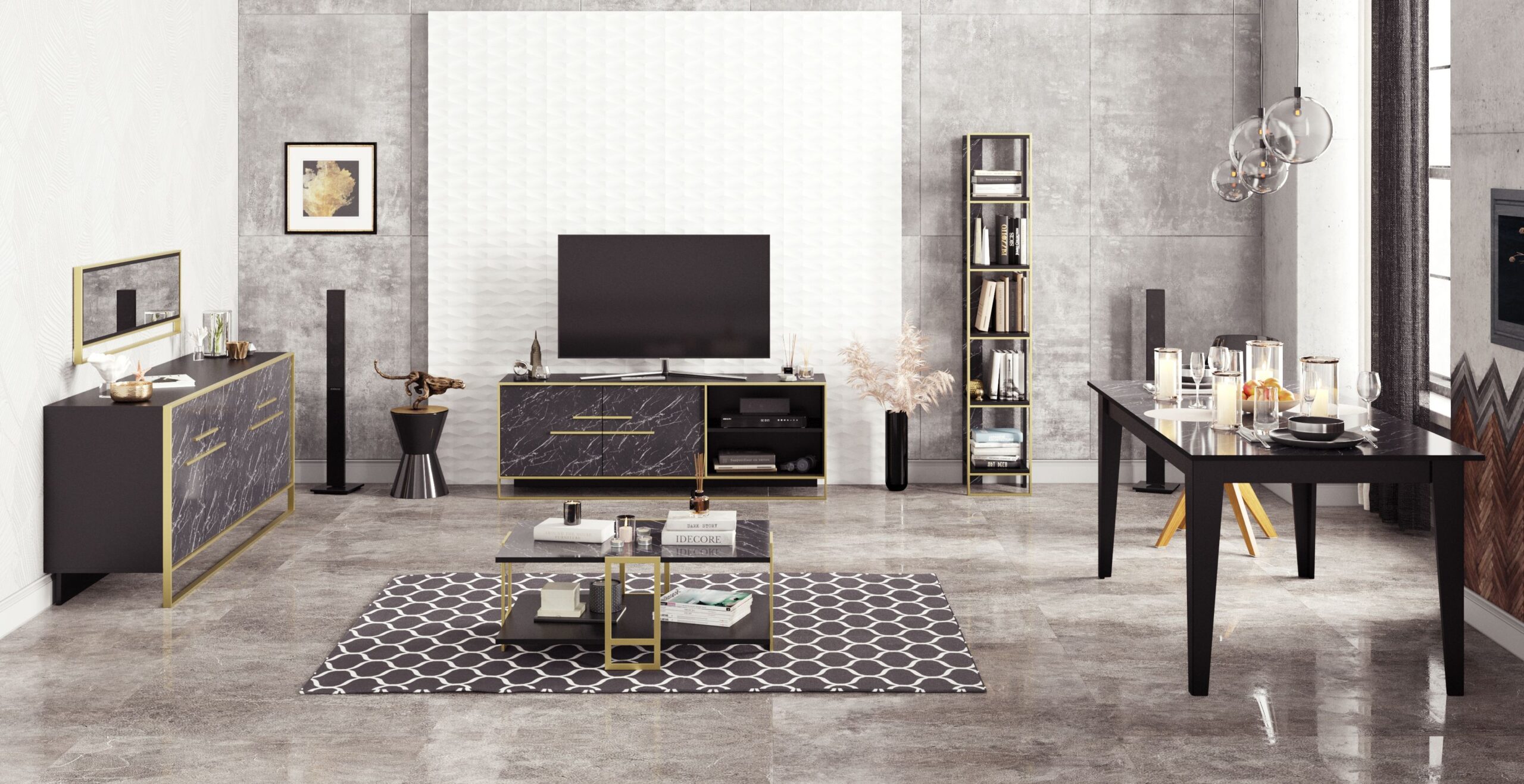 Aparador SIENA, biIaminado mármol negro con metal dorado, 180 cms. - Imagen 5