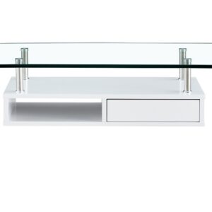 Mesa NEWARK, baja, estante blanco, cristal curvado, 110 x 60 cms