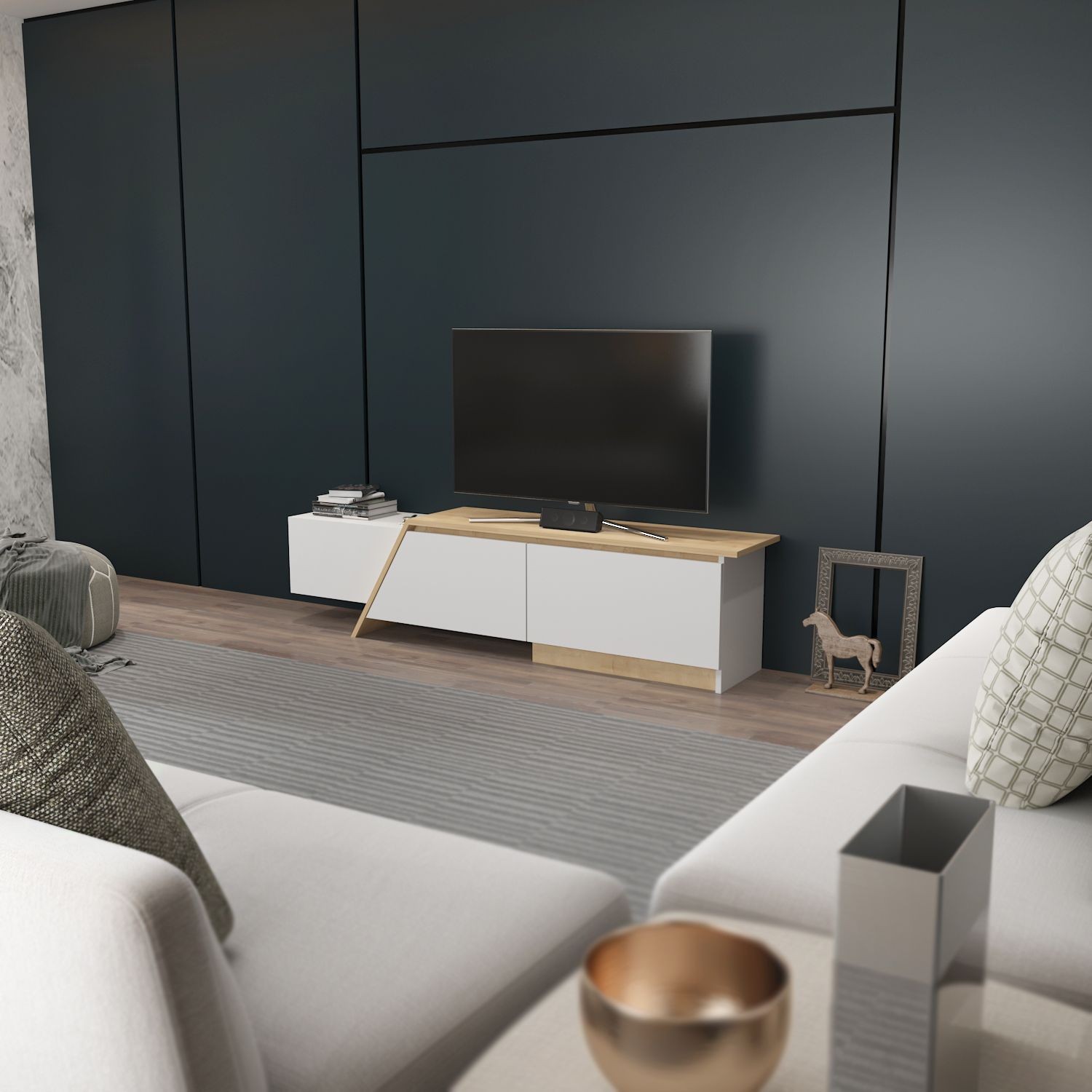 Mueble de TV PRUDENCE, biIaminado blanco con roble, 180 cms. - Imagen 2