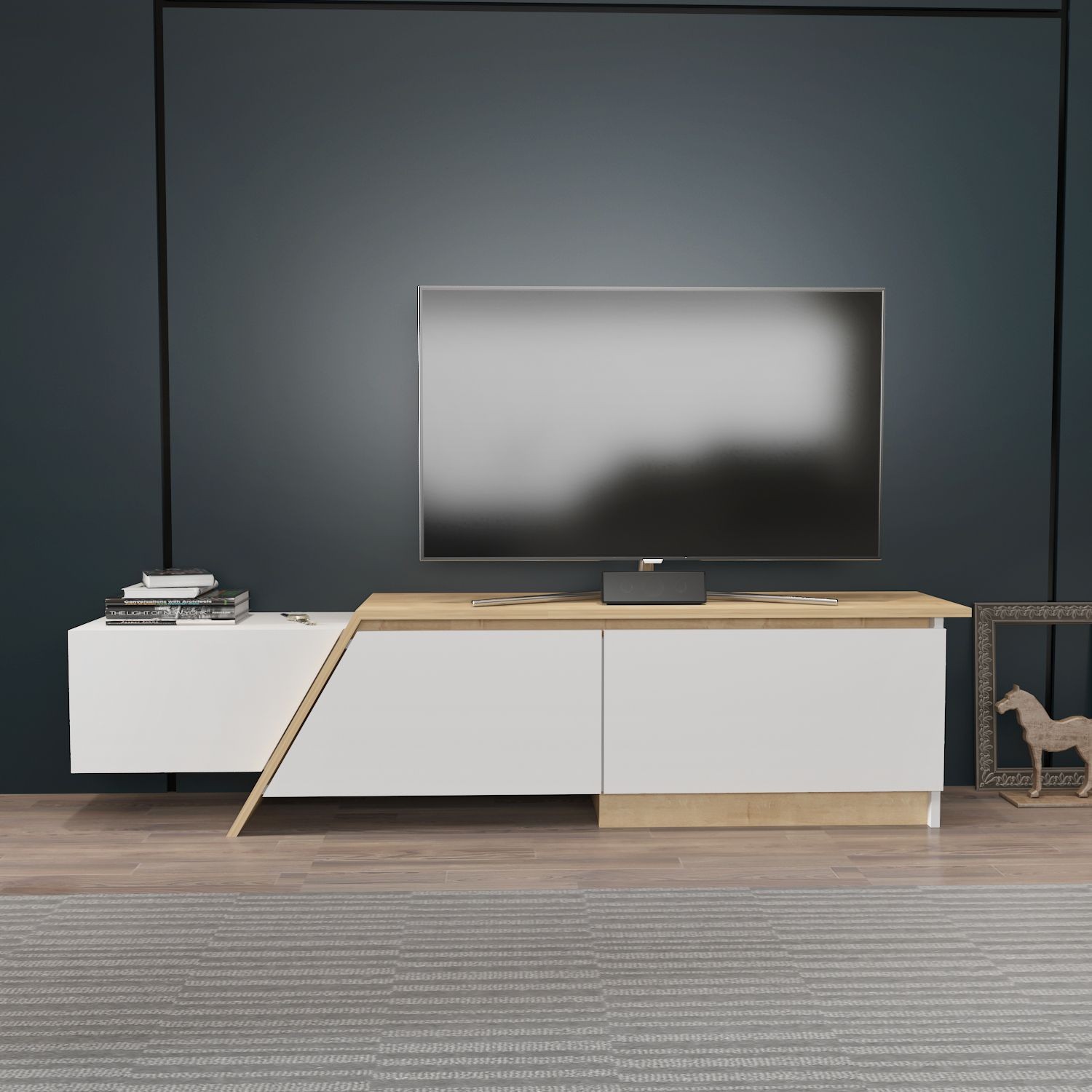 Mueble de TV PRUDENCE, biIaminado blanco con roble, 180 cms. - Imagen 3