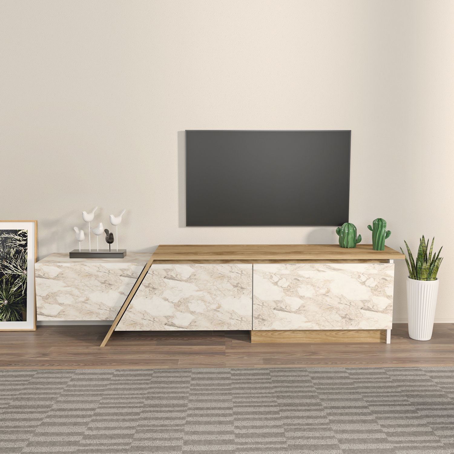 Mueble de TV PRUDENCE, biIaminado mármol blanco con roble, 180 cms. - Imagen 2