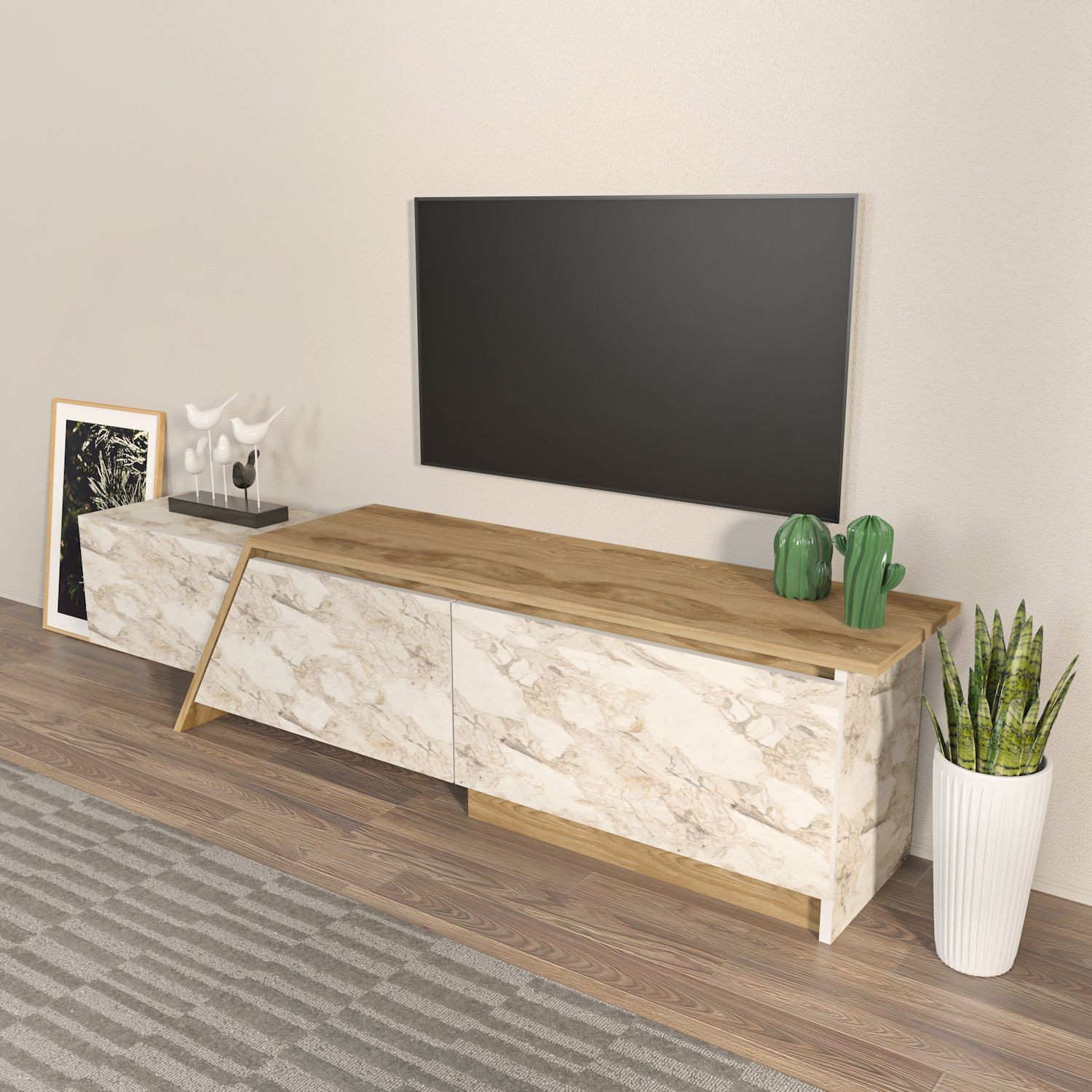 Mueble de TV PRUDENCE, biIaminado mármol blanco con roble, 180 cms. - Imagen 3