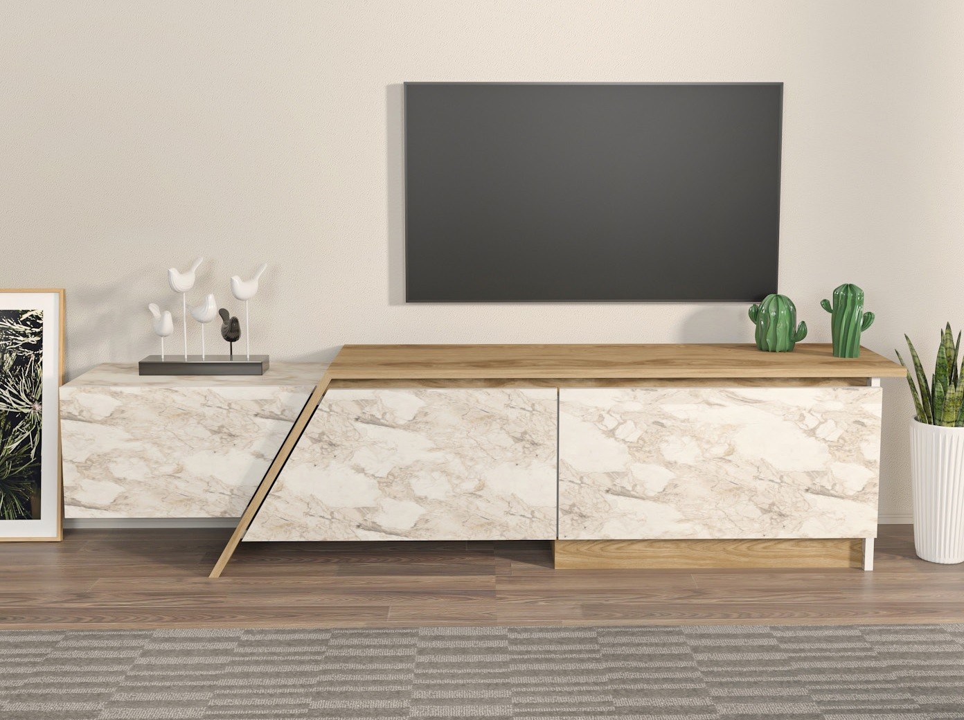 Mueble de TV PRUDENCE, biIaminado mármol blanco con roble, 180 cms. - Imagen 4