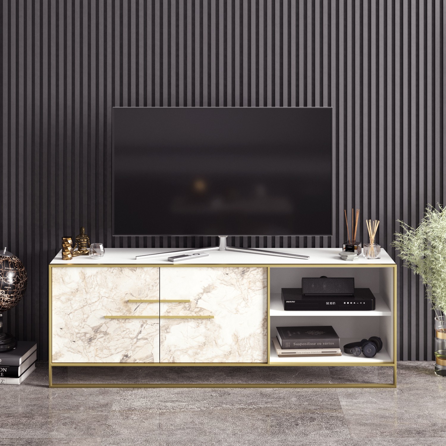 Mueble de TV SIENA, biIaminado mármol blanco con metal dorado, 160 cms. - Imagen 2