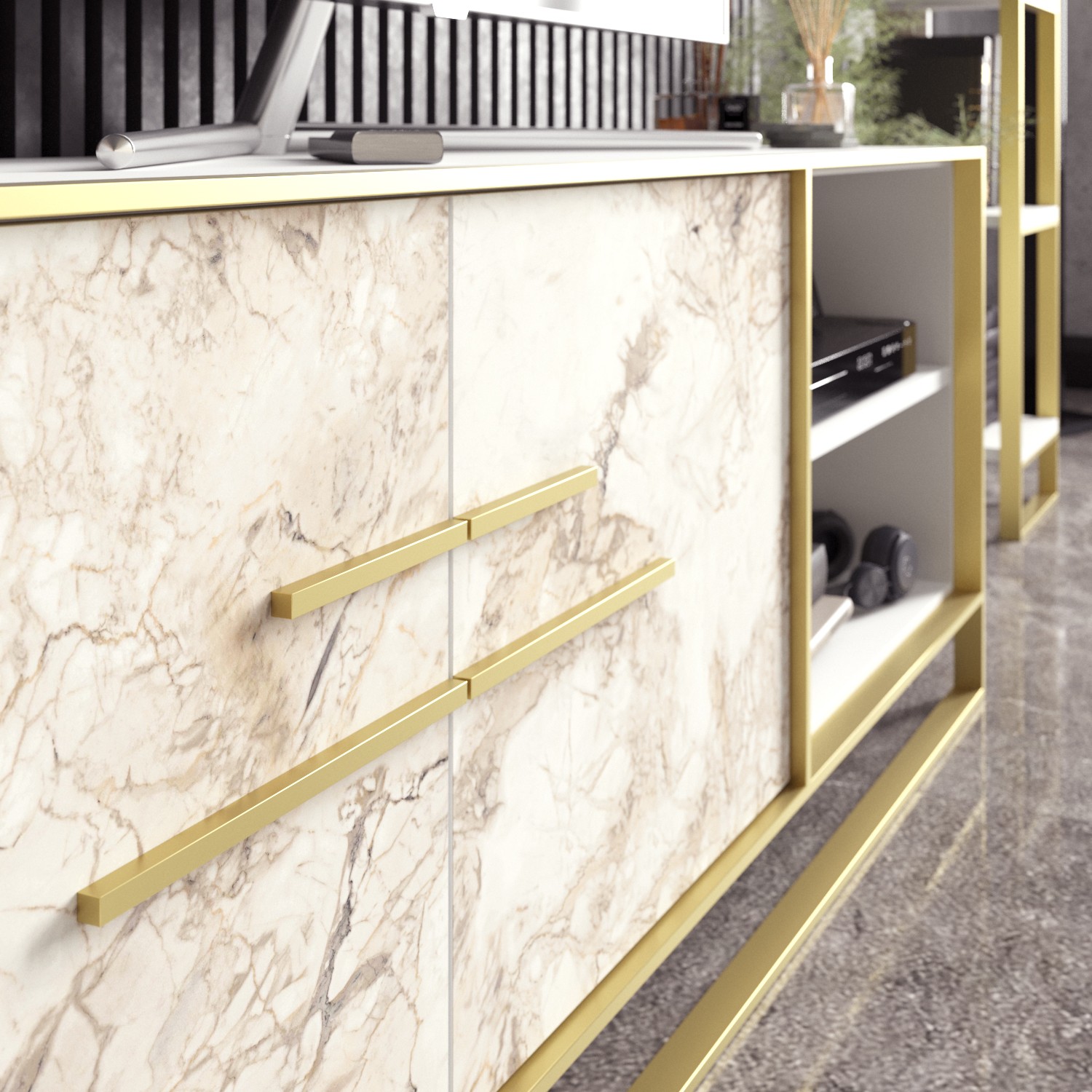 Mueble de TV SIENA, biIaminado mármol blanco con metal dorado, 160 cms. - Imagen 3