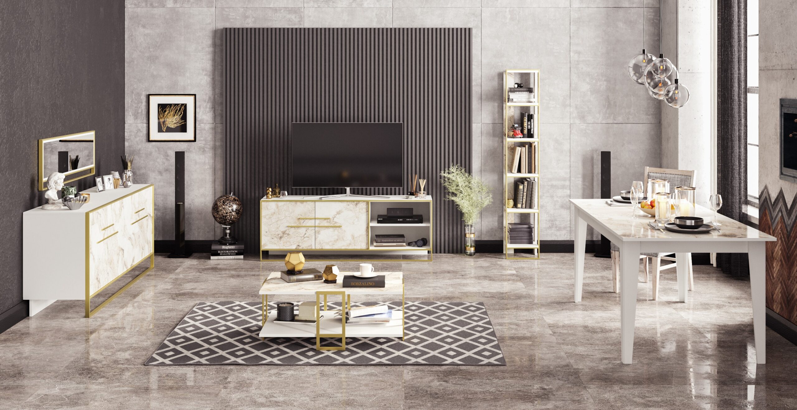 Mueble de TV SIENA, biIaminado mármol blanco con metal dorado, 160 cms. - Imagen 4