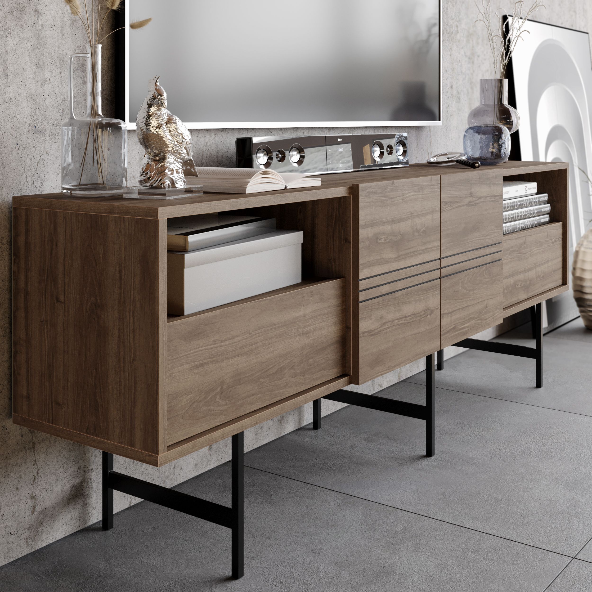 Mueble de TV SIMON, biIaminado nogal, 180 cms. - Imagen 3