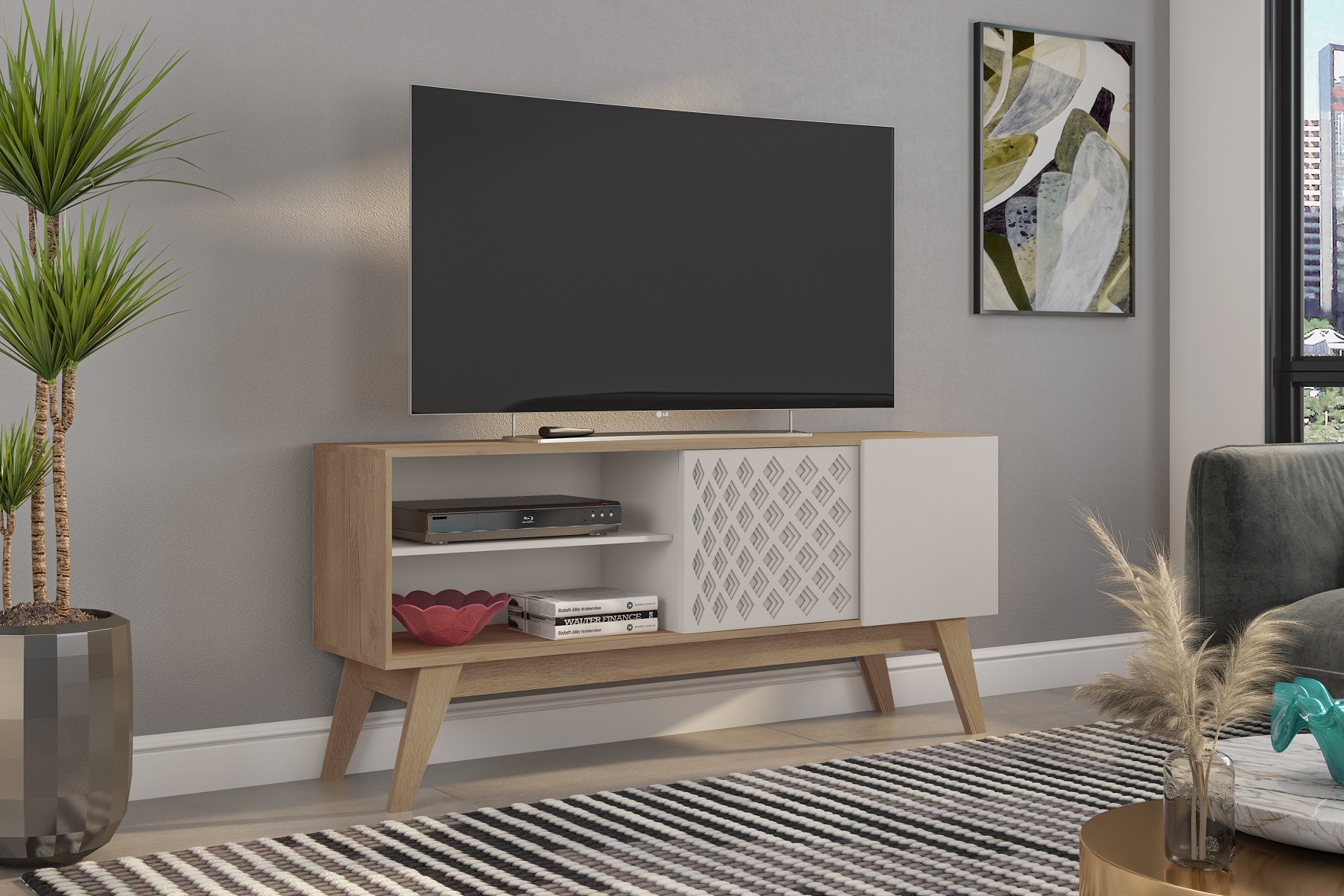 Mueble TV PREMIUM, cedro y blanco roto, 150 cms. - Imagen 3