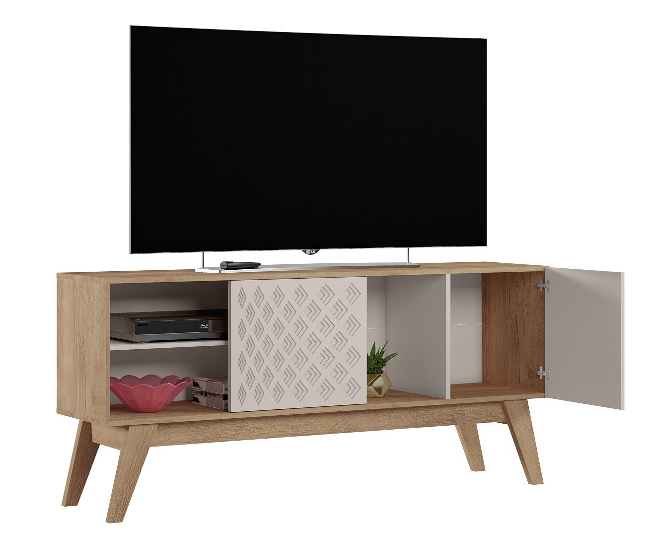 Mueble TV PREMIUM, cedro y blanco roto, 150 cms. - Imagen 2