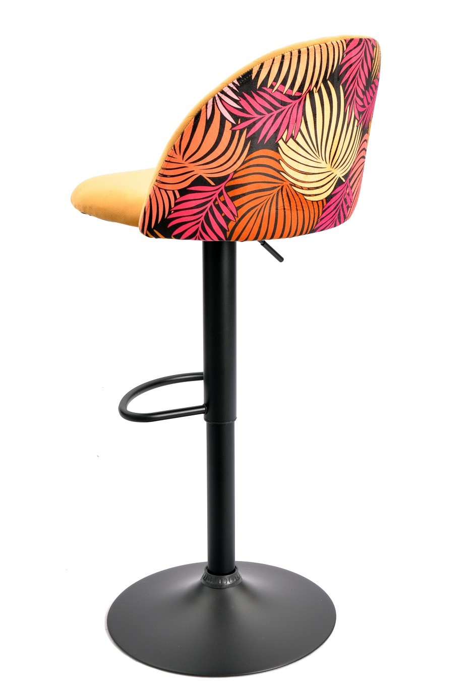 Taburete FLOWER, regulable, metal negro, tapizado velvet amarillo con trasera floral a juego - Imagen 3