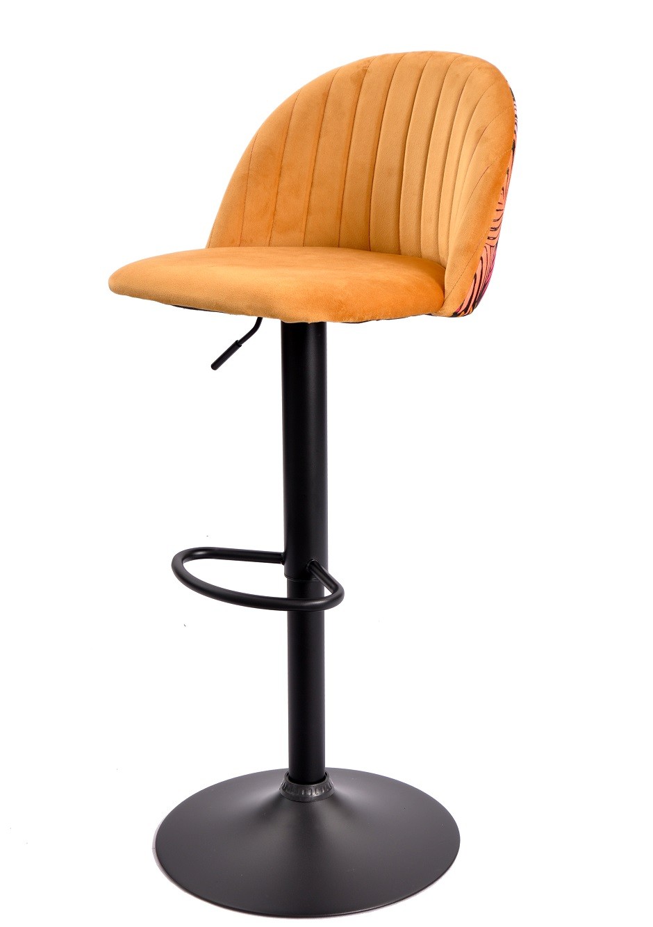 Taburete FLOWER, regulable, metal negro, tapizado velvet amarillo con trasera floral a juego - Imagen 2