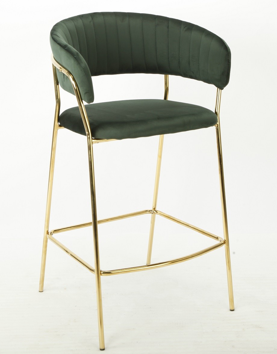 Taburete KEFREN NEW, metal dorado, tapizado velvet verde oscuro