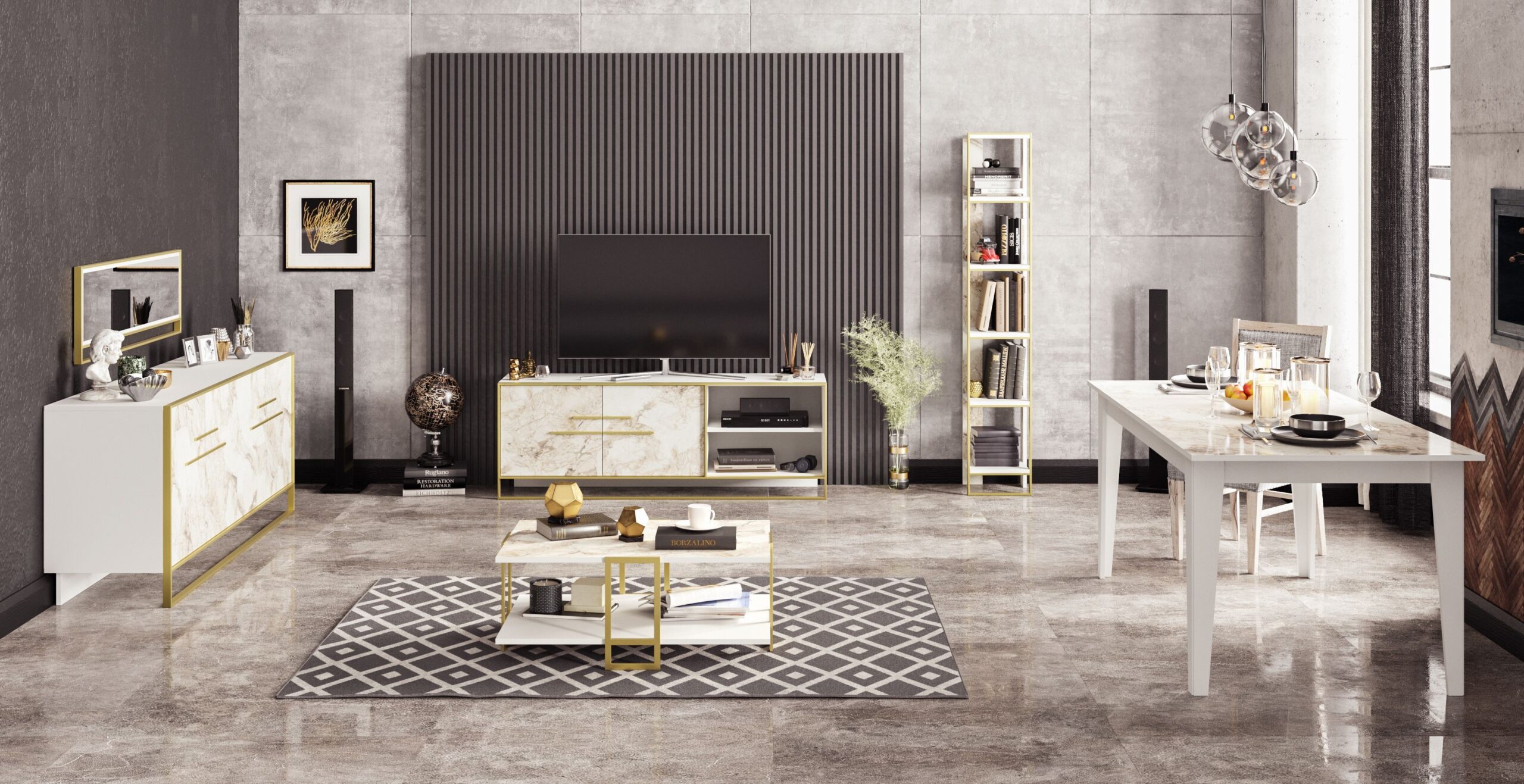 Aparador SIENA, bilaminado mármol blanco con metal dorado, 180 cms. - Imagen 5