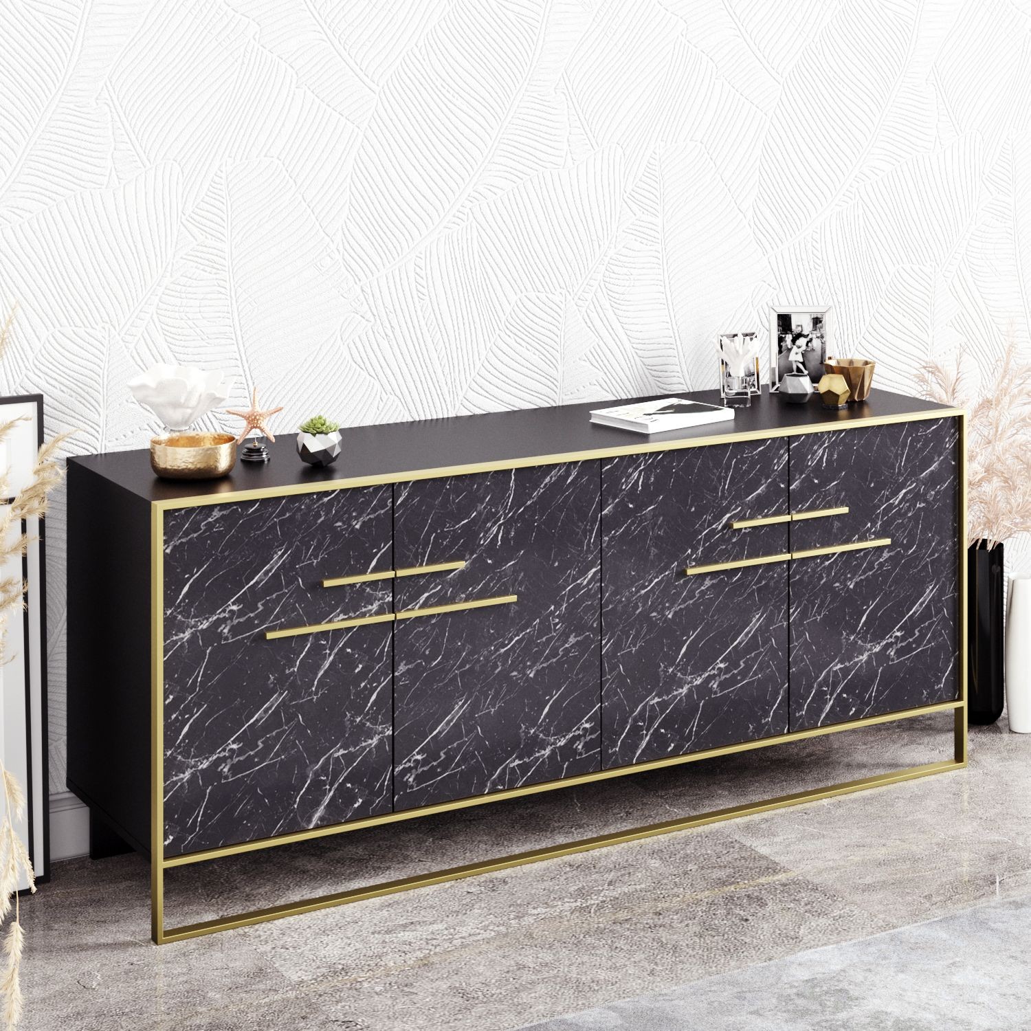 Aparador SIENA, bilaminado mármol negro con metal dorado, 180 cms. - Imagen 2