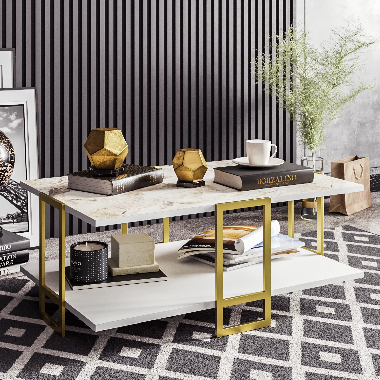 Mesa baja SIENA, bilaminado mármol blanco, con metal dorado 91,5 cms. - Imagen 2