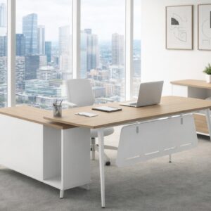 Mesa de oficina AREZZO 160, con mueble auxiliar, blanco y roble, 160 x 174 cms