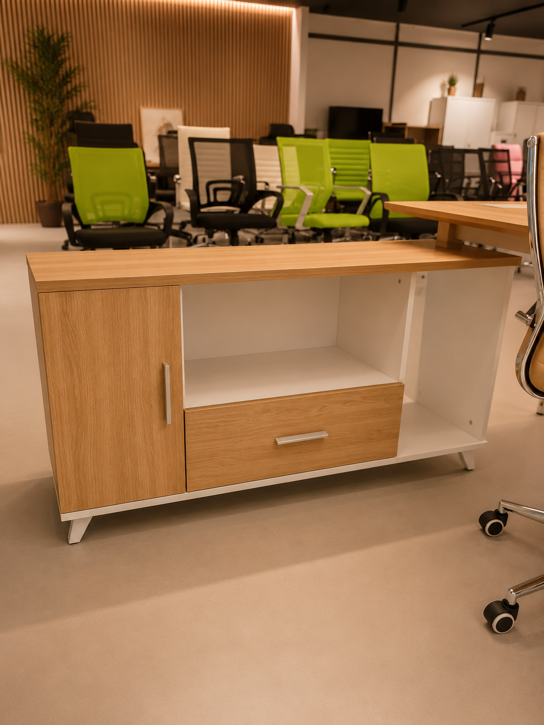 Mesa de oficina AREZZO 180, con mueble auxiliar, blanco y roble, 180 x 176,5 cms - Imagen 6