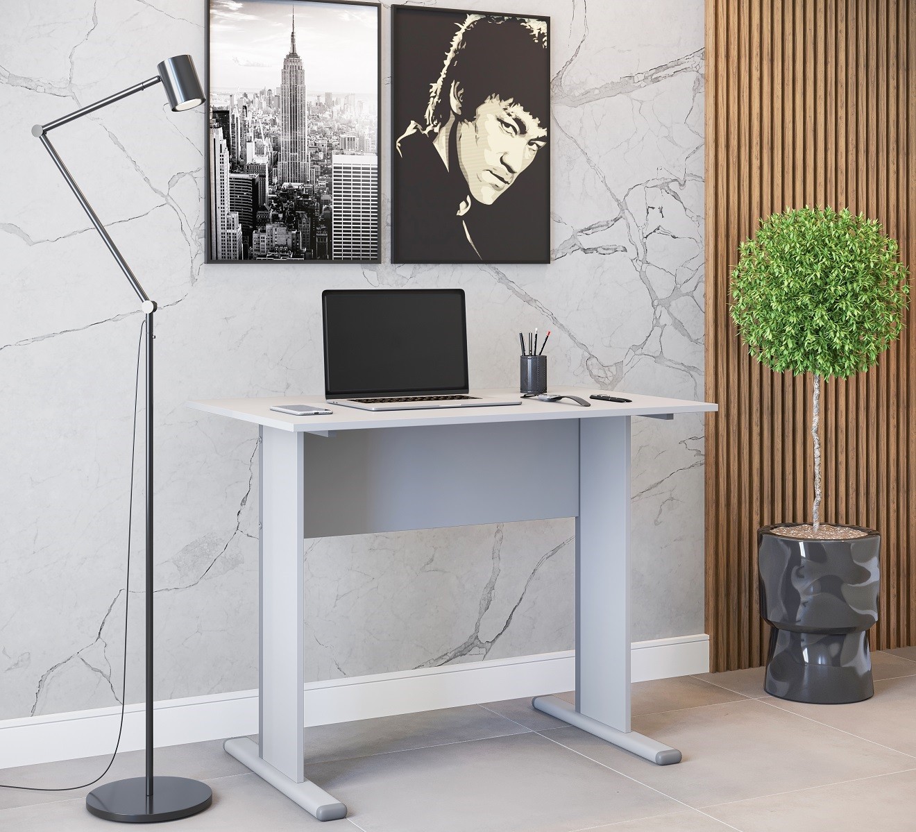 Mesa de oficina WORK, metal, bilaminado color platino 90 x 60 cms - Imagen 2