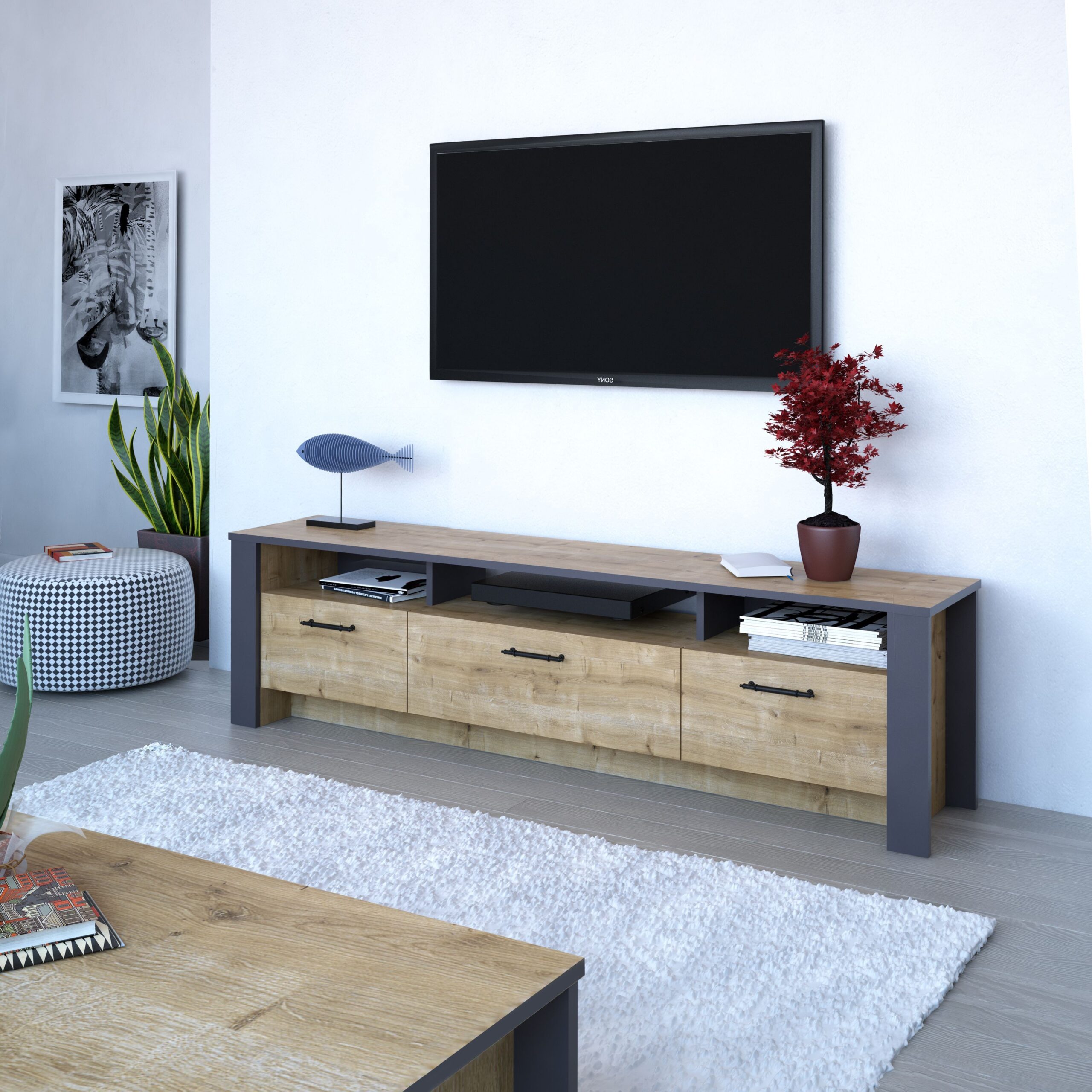 Mueble de TV PHILIPPA, bilaminado roble con gris oscuro, 180 cms. - Imagen 2
