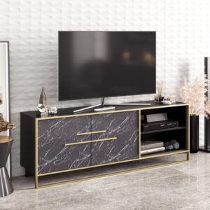 Mueble de TV SIENA, bilaminado mármol negro con metal dorado, 160 cms.
