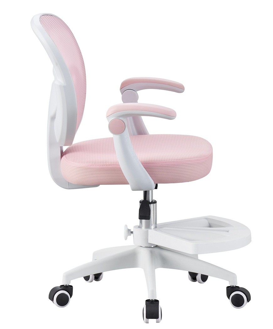 Silla de estudio JOLIVET, blanca, brazos, ergonómica, regulación de altura, malla y asiento rosa - Imagen 2