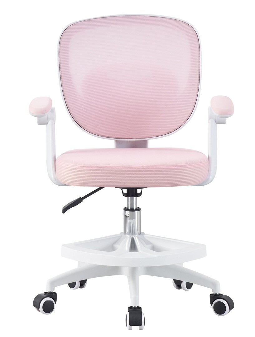 Silla de estudio JOLIVET, blanca, brazos, ergonómica, regulación de altura, malla y asiento rosa - Imagen 3