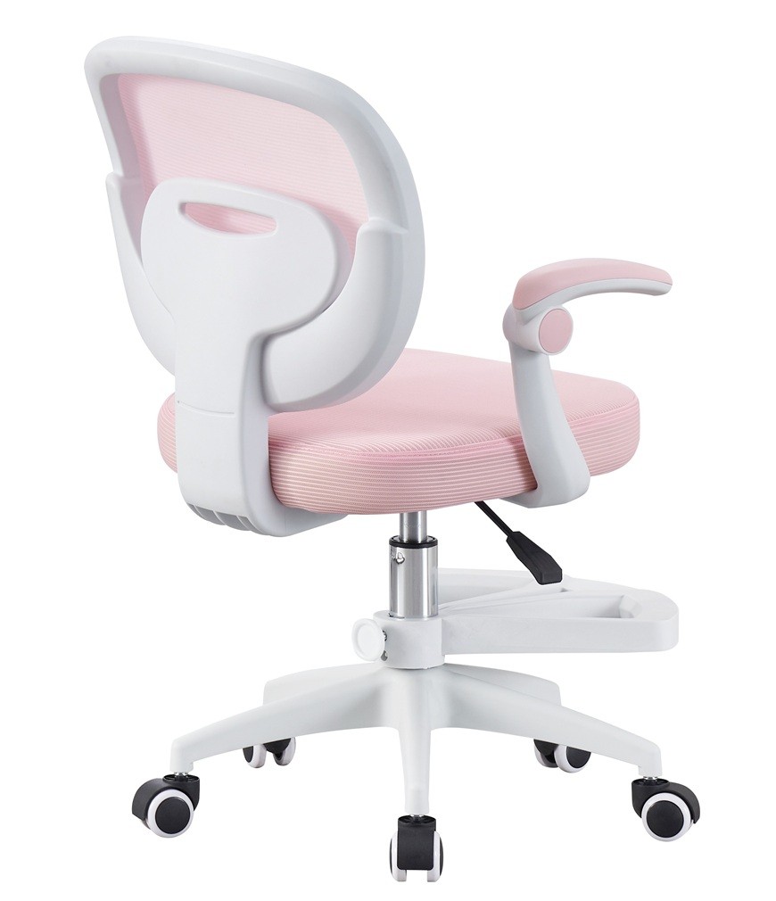 Silla de estudio JOLIVET, blanca, brazos, ergonómica, regulación de altura, malla y asiento rosa - Imagen 4