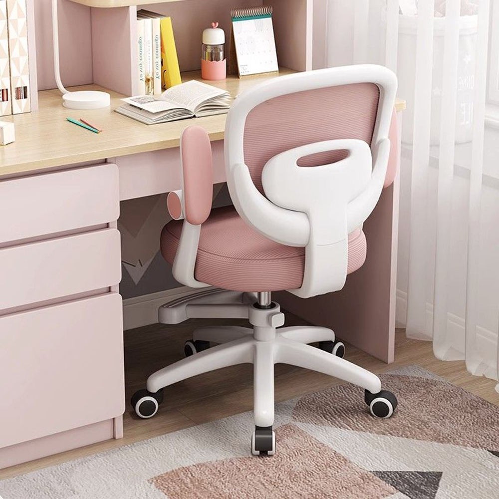 Silla de estudio JOLIVET, blanca, brazos, ergonómica, regulación de altura, malla y asiento rosa - Imagen 5