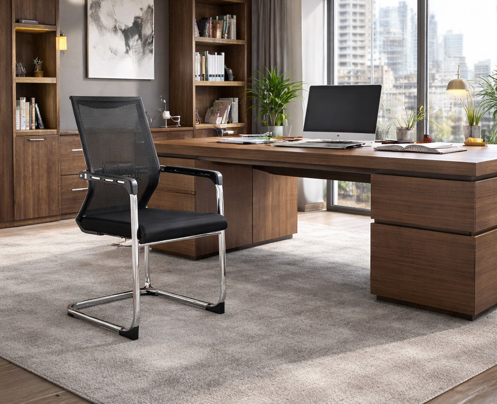 Sillón de oficina FLERS, fijo de patín, cromado, malla negra - Imagen 5