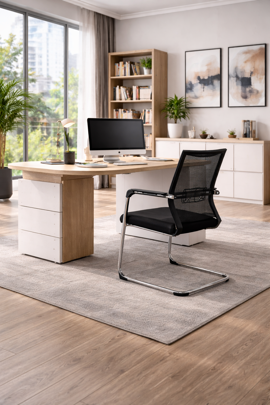 Sillón de oficina FLERS, fijo de patín, cromado, malla negra - Imagen 6