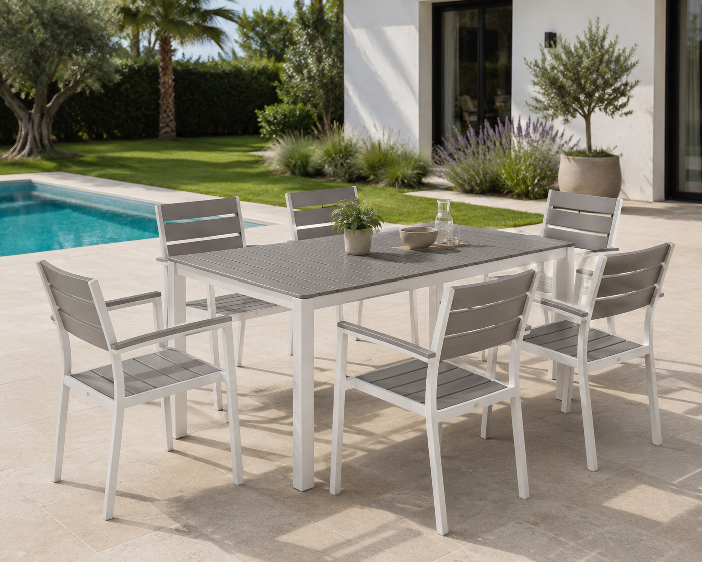 Sillón GARIBALDI, apilable, metal blanco, polywood gris - Imagen 3