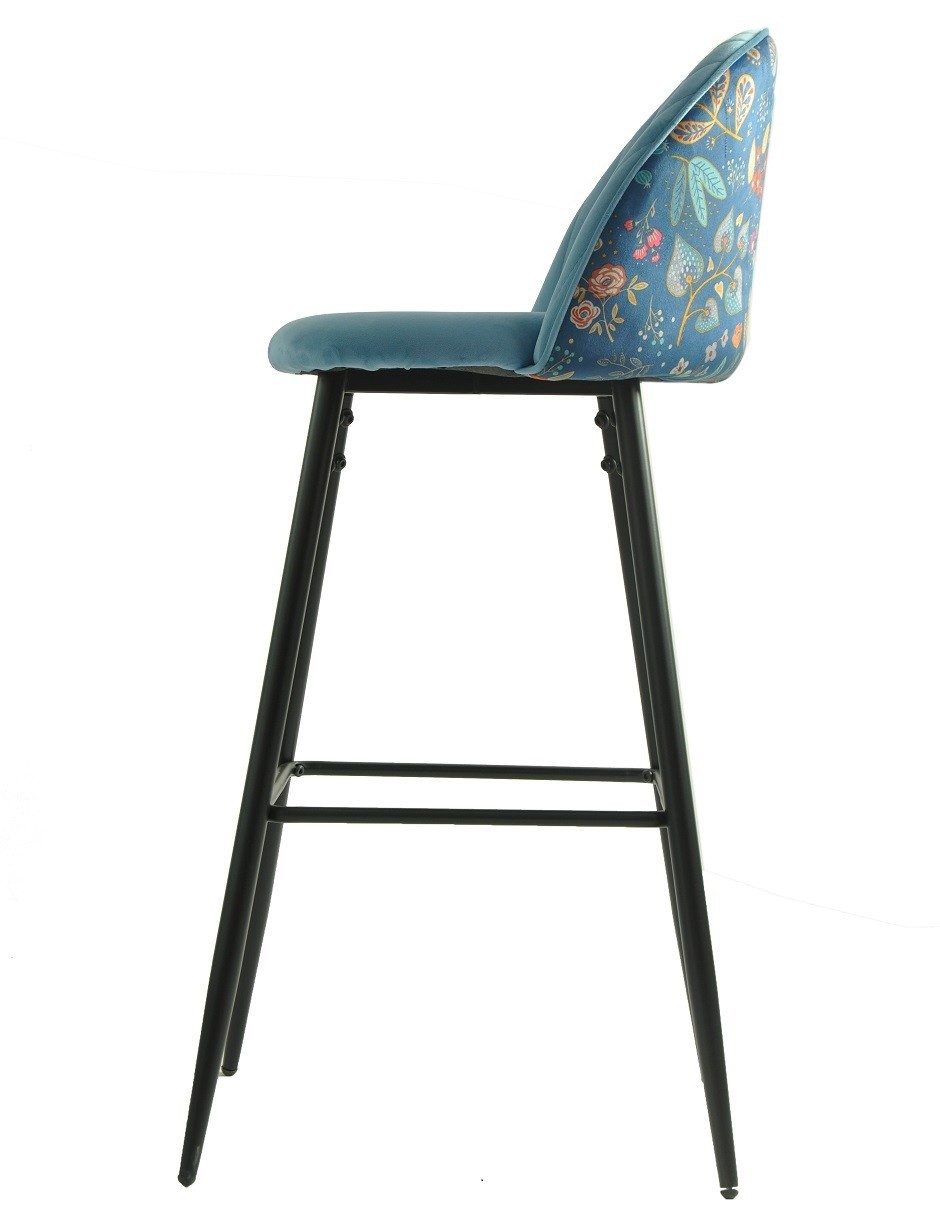 Taburete CARNAVAL SKY BLUE, metal, tapizado velvet azul con trasera carnaval